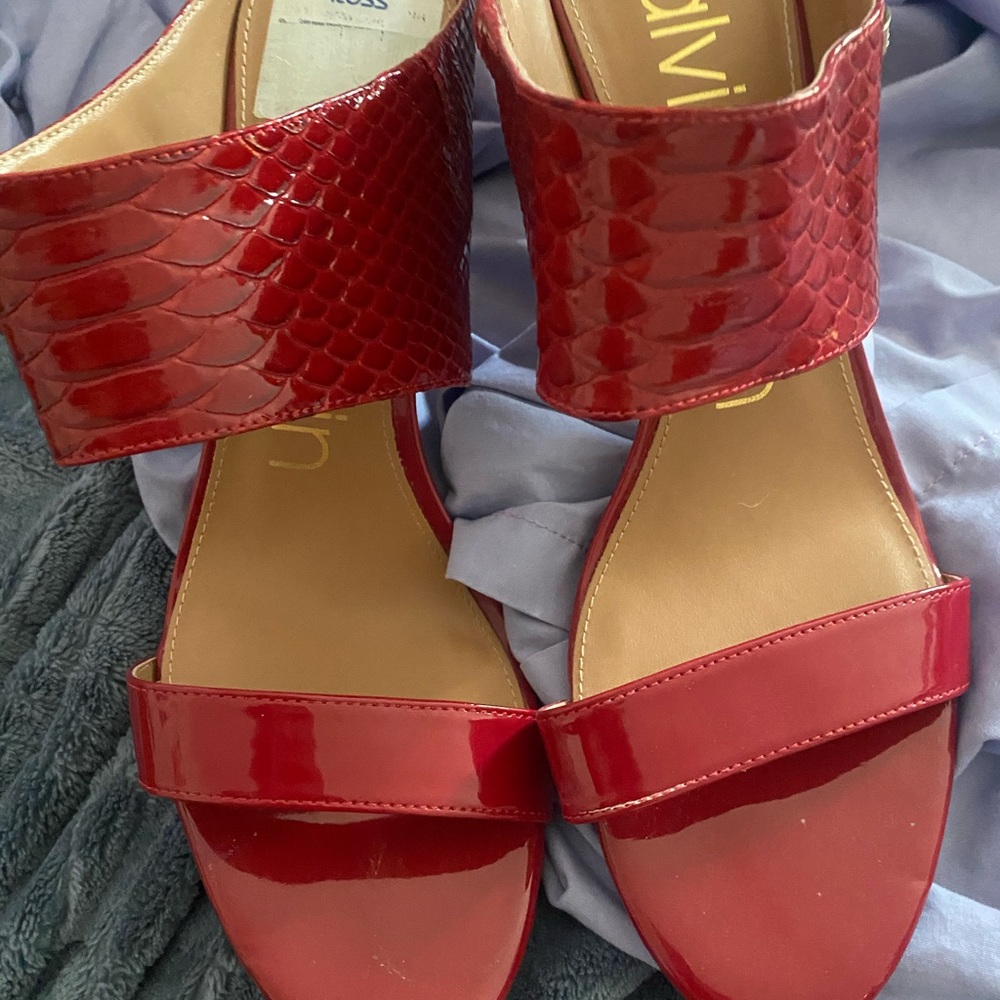 Red patent slide on heels
